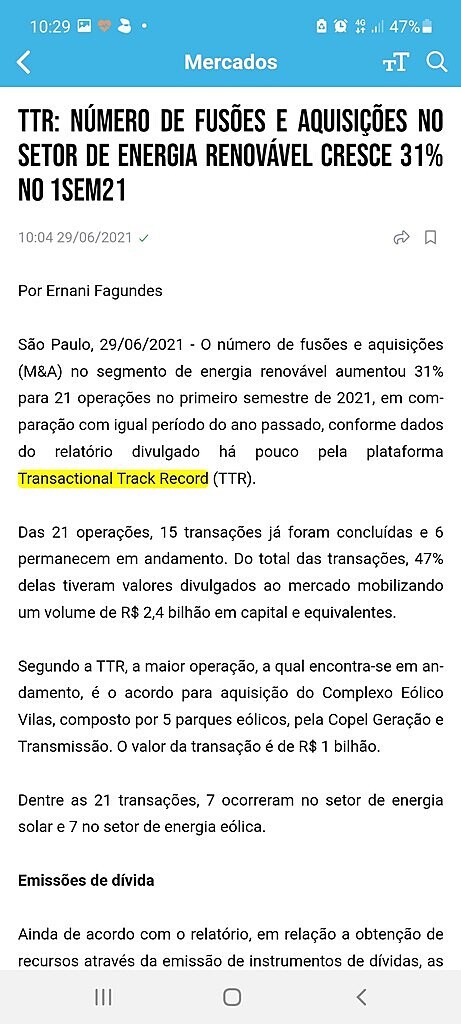 TTR: nmero de fuses e aquisies no setor de energia renovvel cresce 31% no 1sem21